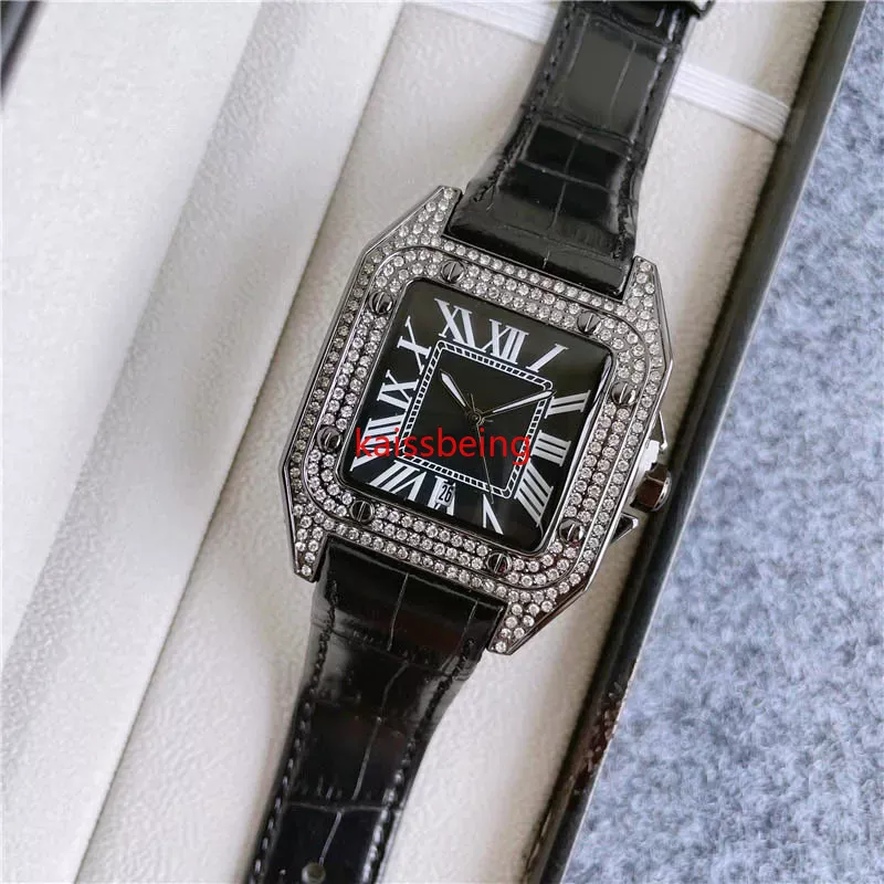 2023 Fashion Brand Watch Men Square Crystal Style High Quality Leather Strap Wrist Watchesc vkis