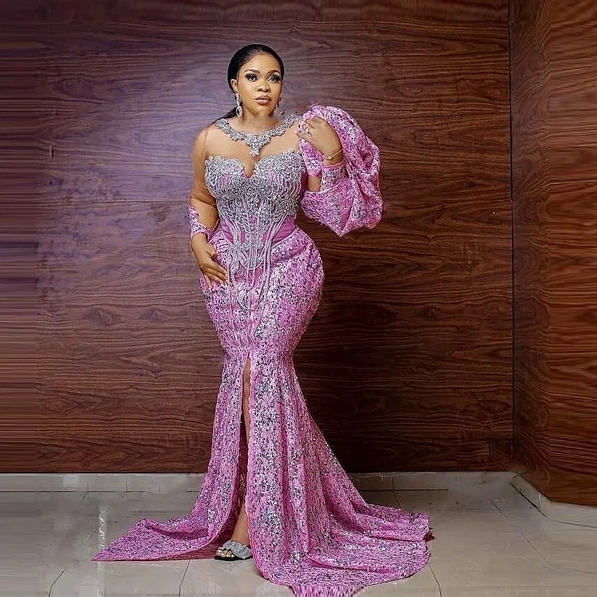 Arabic Aso Ebi Pink Lace Mremaid Prom Dresses Front Split Long Sleeves Chic Special Occasion Dress For Women 2025 Plus Size Evening Gowns