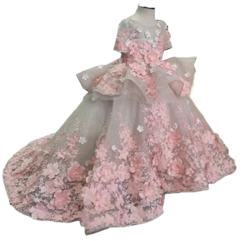 Pink 3d Floral Lace Appliques Flower Girls Dresses Short Sleeves Jewel Neck A Line Long Kids Formal Wear Little Girls Wedding Party Gowns Birthday Dre