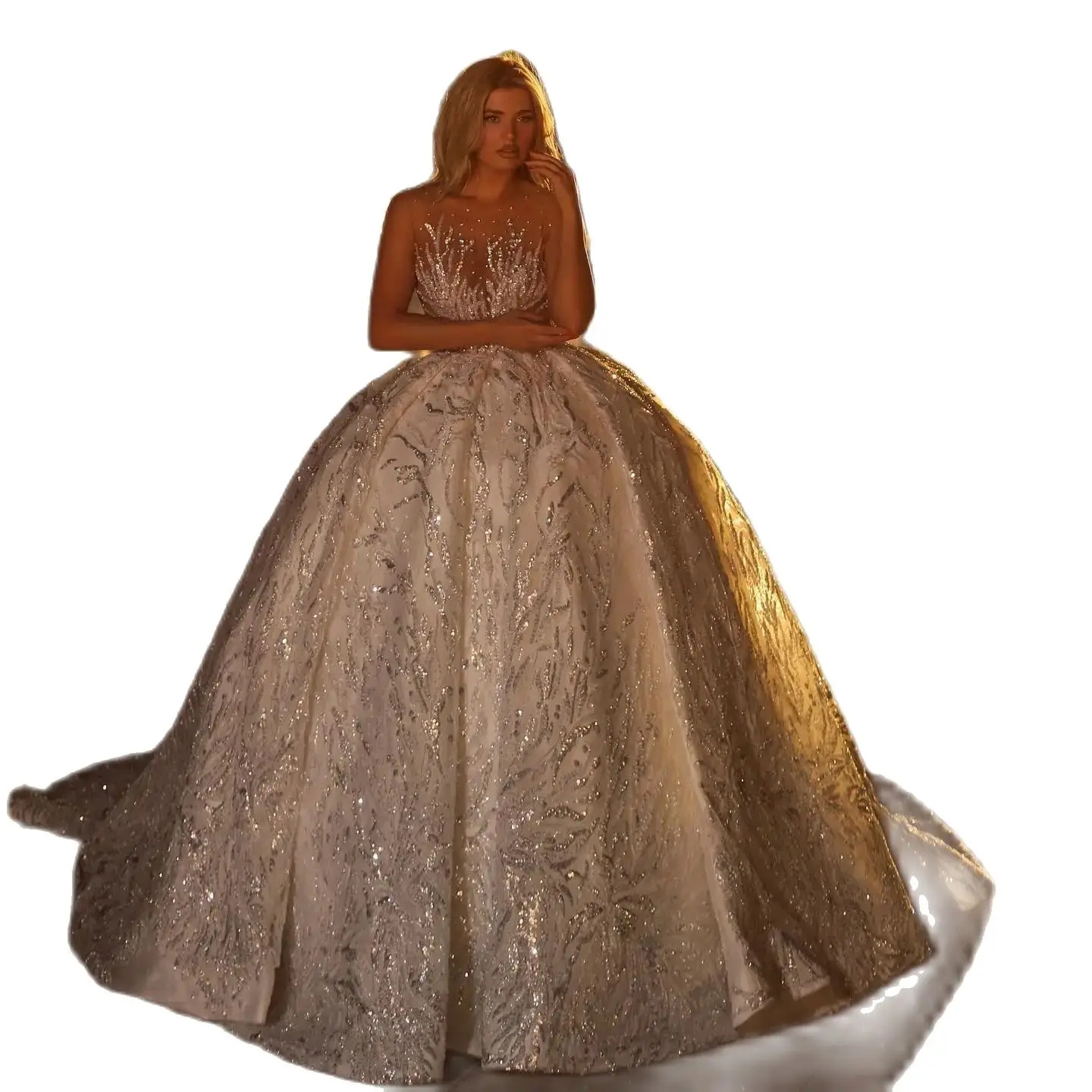 Shinny Ball Gown Wedding Dresses Sheer O Neck Luxury Crystal Sequined Saudi Arabian Dubai Bridal Gowns Plus Size