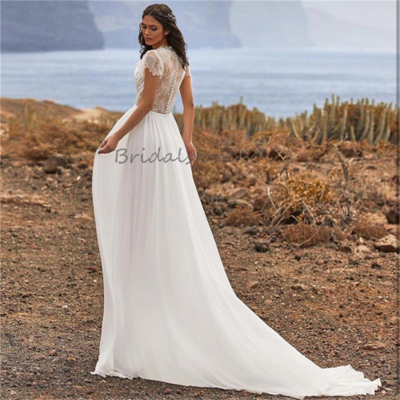 Chic Chiffon Boho Wedding Dress Pleated 2024 Lace Back Cap Sleeve Bridal Dresses Sweep Train Bohemian Summer Beach Bride Dress Robe De Mariee V Neck V