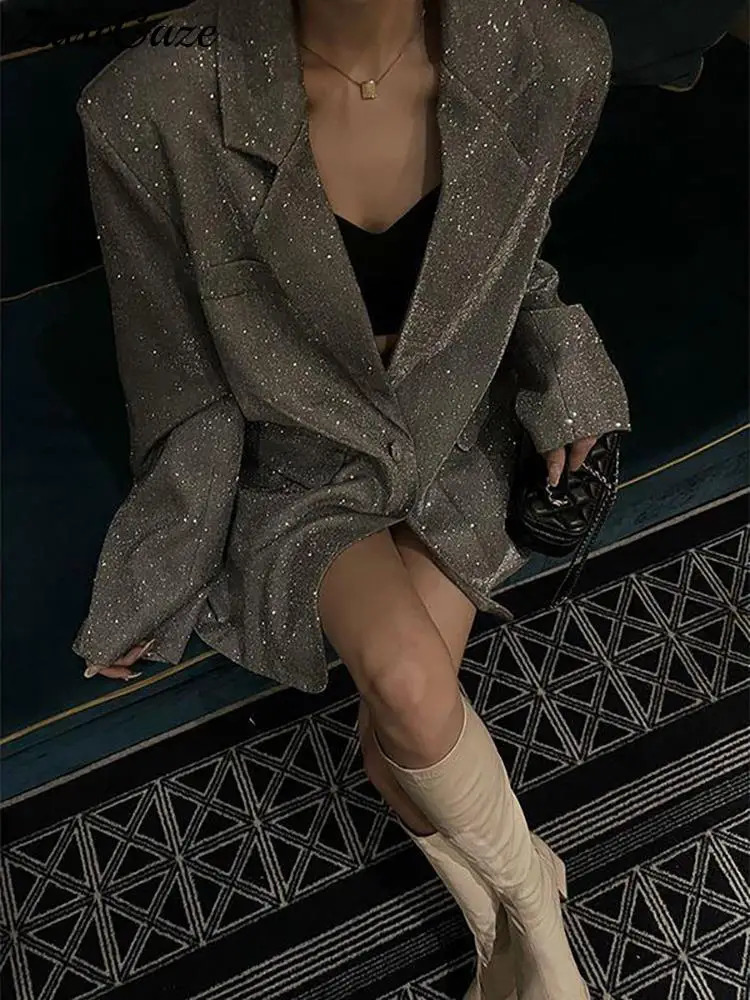 Shiny Sequined Fashion Loose Coat Women Long Sleeve Pockets Single Button Female Overcoats Autumn Elegant Party Lady Coats 240118