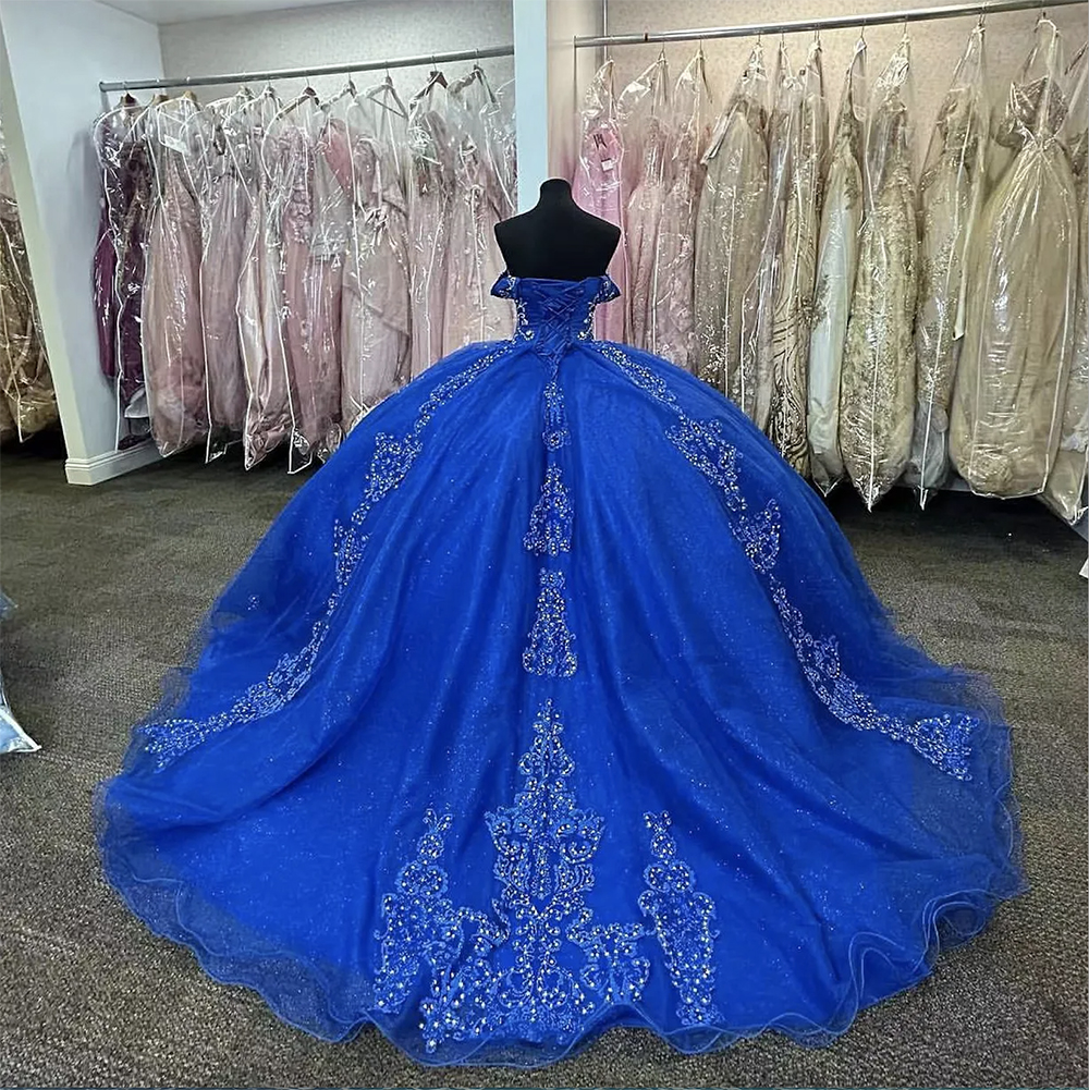 Royal Blue Quinceanera Dresses Lace Applique Off The Shoulder Beaded Sweep Train Corset Back Sweet Birthday Party Prom Ball Evening Vestidos 6660306