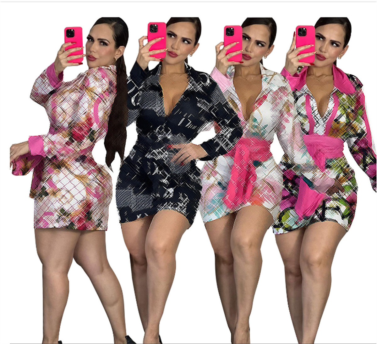 Casual Dresses Summer Sexy Women Blouses Shirts Designer Print Shirt Tops Long Sleeve Slim Fit Shirt Maxi Vestidos Long-skirt Blouse