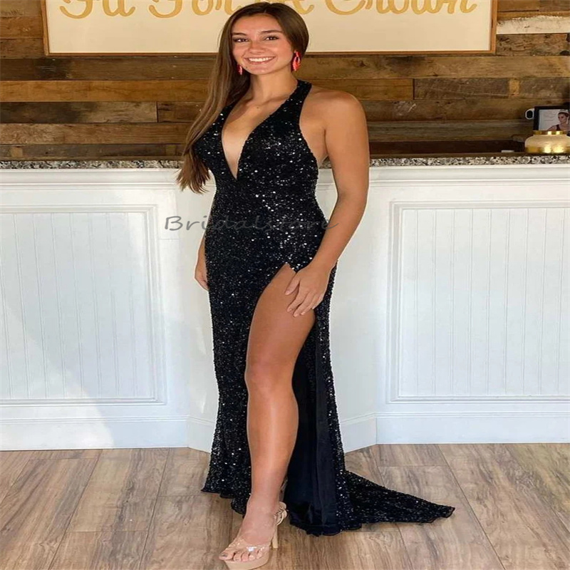 Shine Black Sequin Prom Dress With Slit Sexy Halter V Neck Floor Length Evening Dress Backless Floor Length Dance Birthday Party Gowns 2024 Special Oc