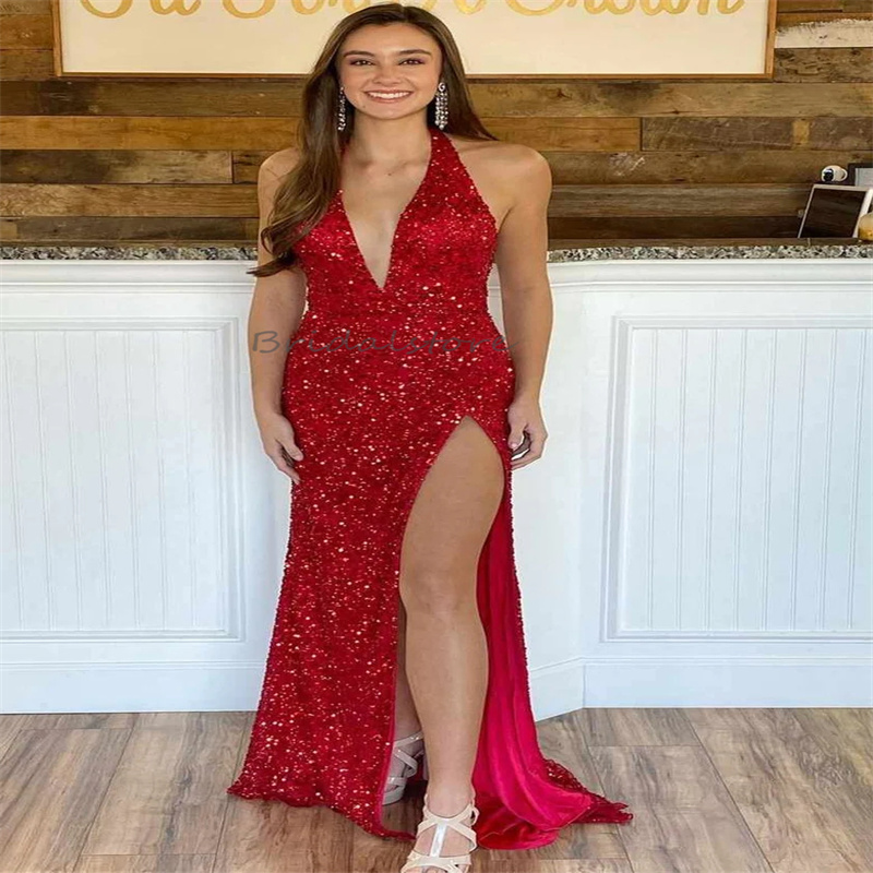 Shine Black Sequin Prom Dress With Slit Sexy Halter V Neck Floor Length Evening Dress Backless Floor Length Dance Birthday Party Gowns 2024 Special Oc