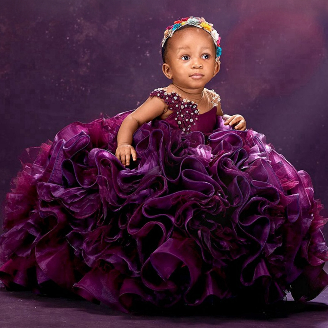 Grape Flower Girl Dresses Sheer Neck Pleated Ruffles Tiered Organza Pearls Beaded Princess Queen Ball Gowns Little Kids Birthday Party Gown for Weddin