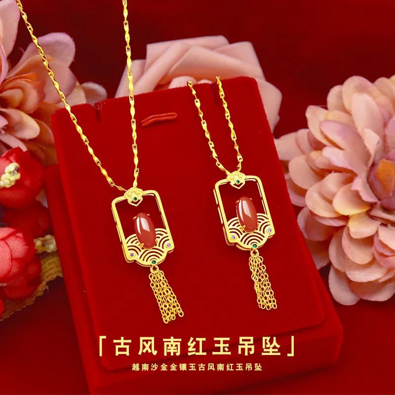 Pure 14 k Gold Necklace for Women Wedding Engagement Jewelry Natural Crystal Gemstone Long Tassel Pendant with Red Gems Stone 240119