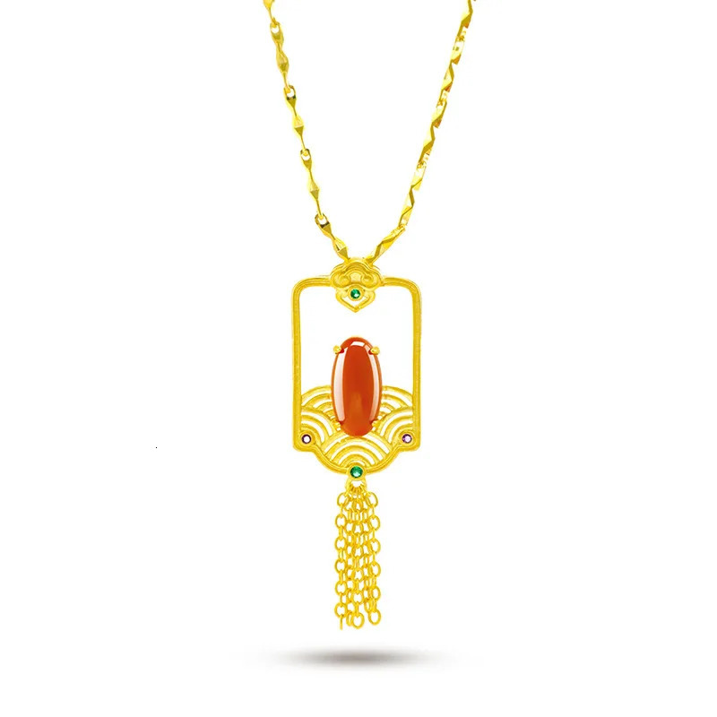 Pure 14 k Gold Necklace for Women Wedding Engagement Jewelry Natural Crystal Gemstone Long Tassel Pendant with Red Gems Stone 240119