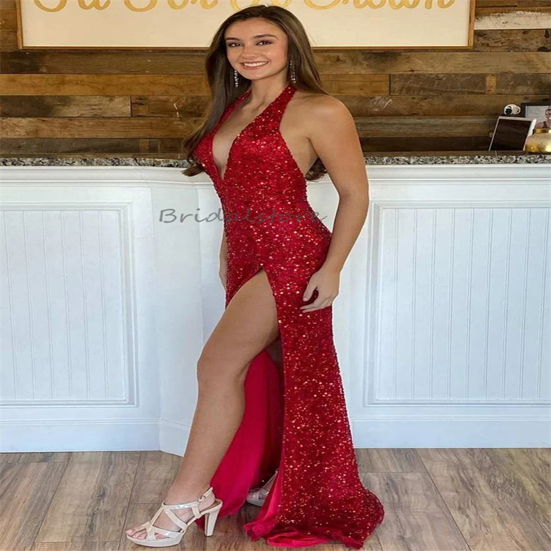 Shine Black Sequin Prom Dress With Slit Sexy Halter V Neck Floor Length Evening Dress Backless Floor Length Dance Birthday Party Gowns 2024 Special Oc