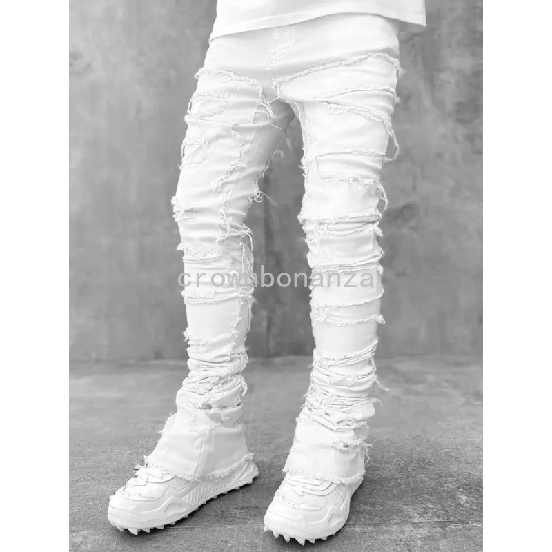 Men's Jeans Stretched White Stacked High Street Hip- Trousers For Male Patchwork Damaged Full Length Denim Pants