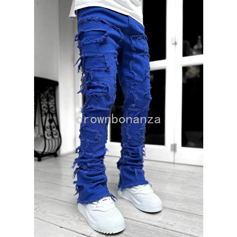 Men's Jeans Stretched White Stacked High Street Hip- Trousers For Male Patchwork Damaged Full Length Denim Pants
