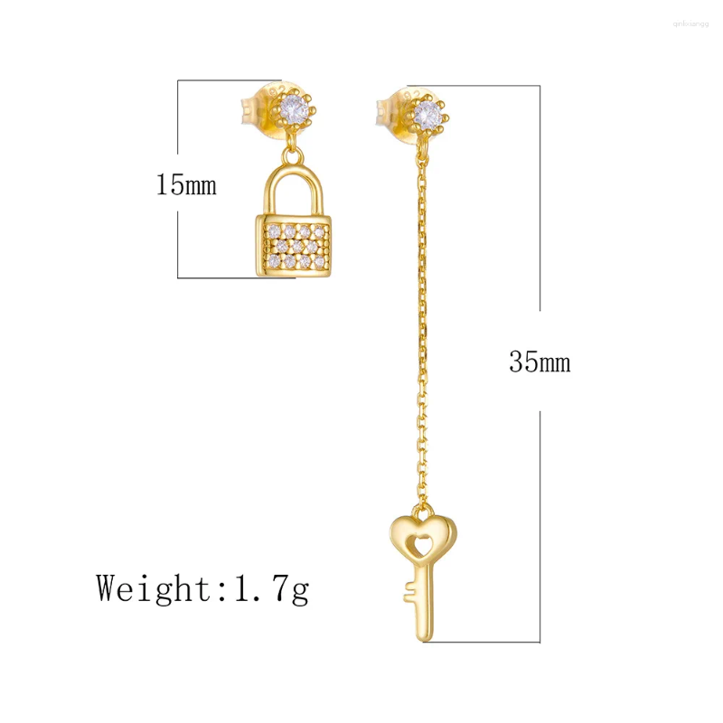 Stud Earrings Mismatched Lock And Key 925 Sterling Silver Chain Cubic Zirconia Mini CZ Pave Asymmetrical Jewelry For Women