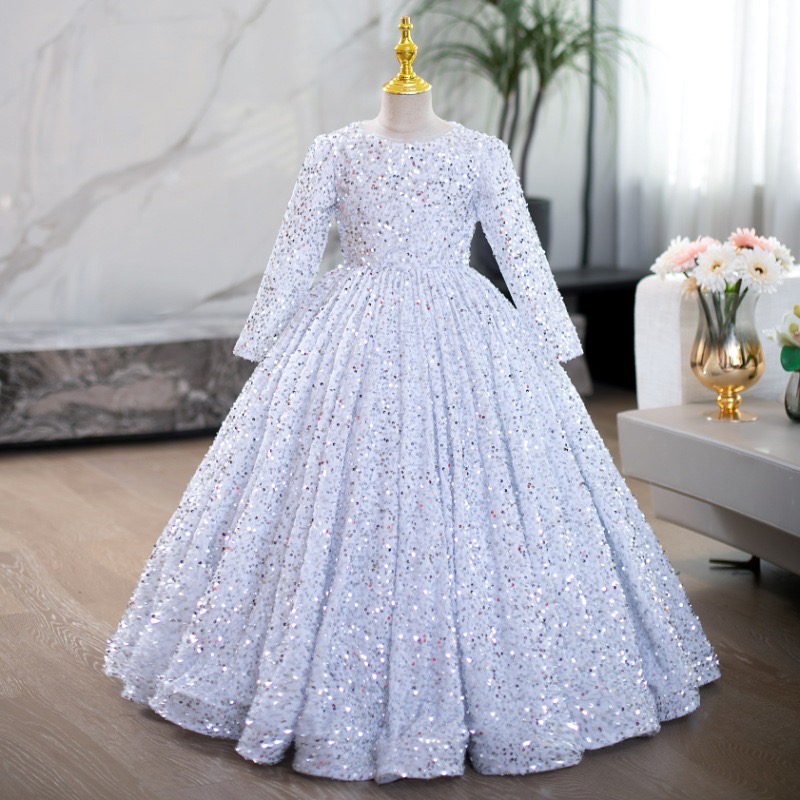 Long Sleeves Sequined Flower Girl Wed Bling Princess Party Ball Gown For Formal Wedding Pageant Dresses Toddler First Holy Communion Dress 403