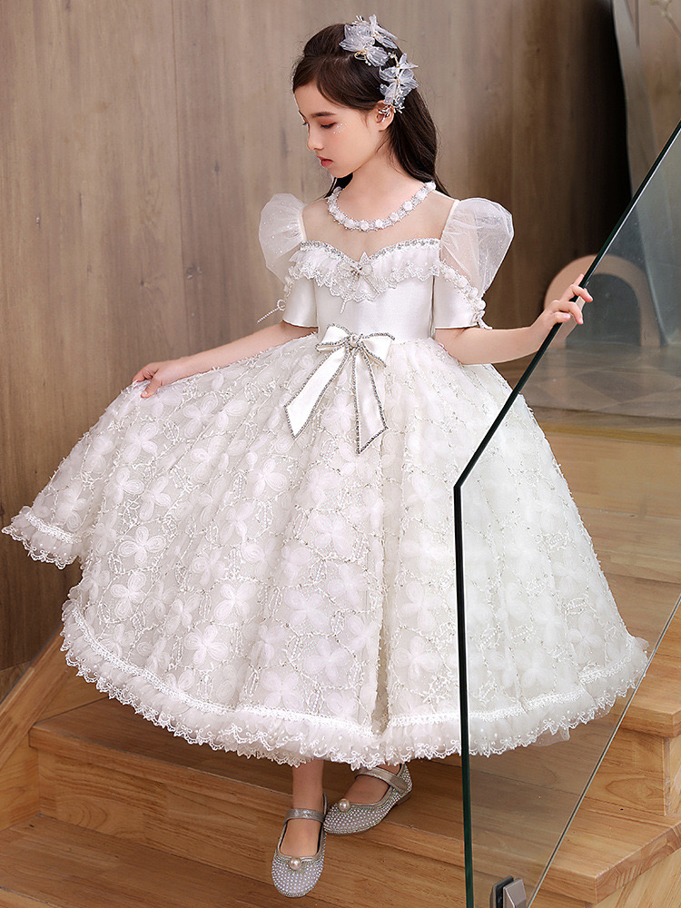 White Flowers Girls Dresses 2-14 Years Lace Tulle Flower Toddler Girl Princess For Kid Child Wedding Party Baby Bridesmaid Maxi Ball Gown Evening Birt