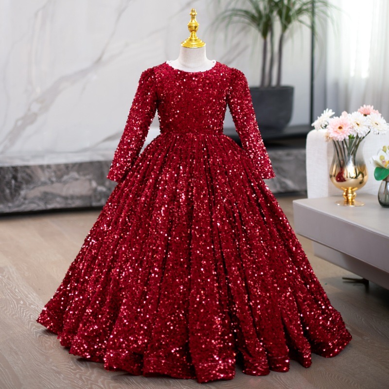 Long Sleeves Sequined Flower Girl Wed Bling Princess Party Ball Gown For Formal Wedding Pageant Dresses Toddler First Holy Communion Dress 403