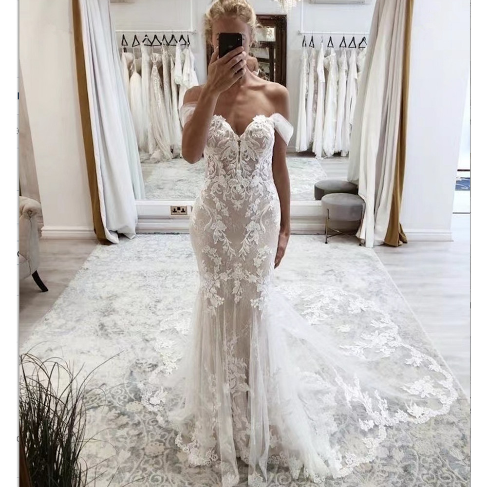 Elegant Glitter Off Shoulder Squined Mermaid Wedding Dress Sexy Side Slit Sleeves Lace Up Bridal Gown Floor Length Vestido De Novia New YD 328
