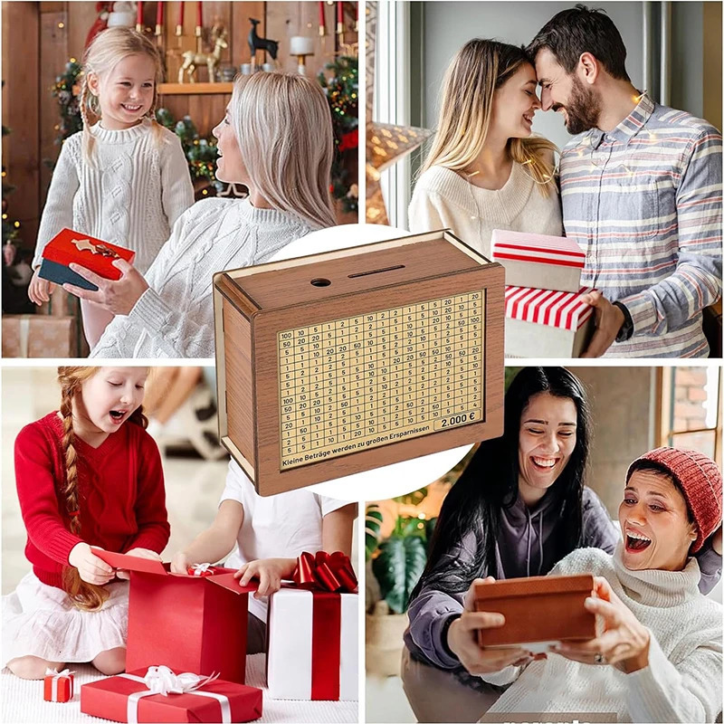 1000/2000/3000/5000/10000 Euro Money Box Piggy Bank Wood Money Bank Reusable Money Box with Saving Goal and Numbers Boxes 240118