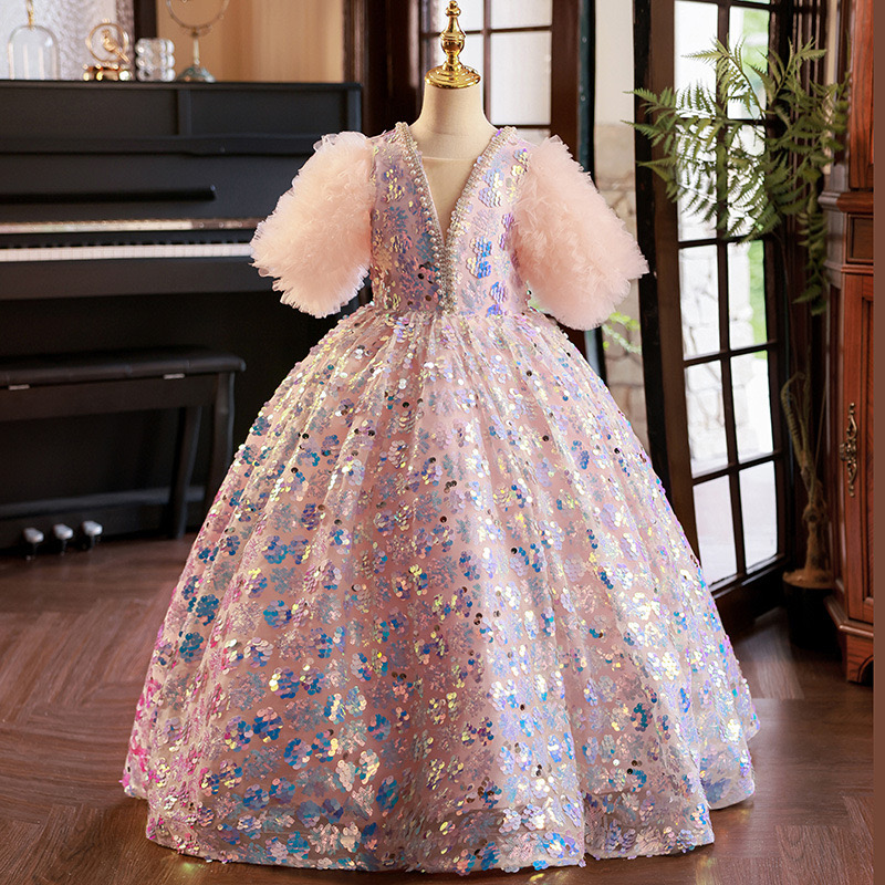 pink sequined Flower Girl Dresses new 2024 First Holy Communion Dresses For Girls Ball Gown Wedding Party Dress Kids Evening Prom Dress Custom Made fo