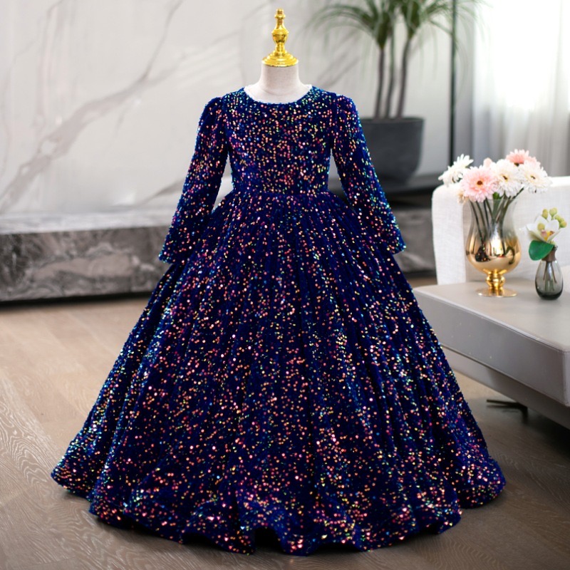 Long Sleeves Sequined Flower Girl Wed Bling Princess Party Ball Gown For Formal Wedding Pageant Dresses Toddler First Holy Communion Dress 403