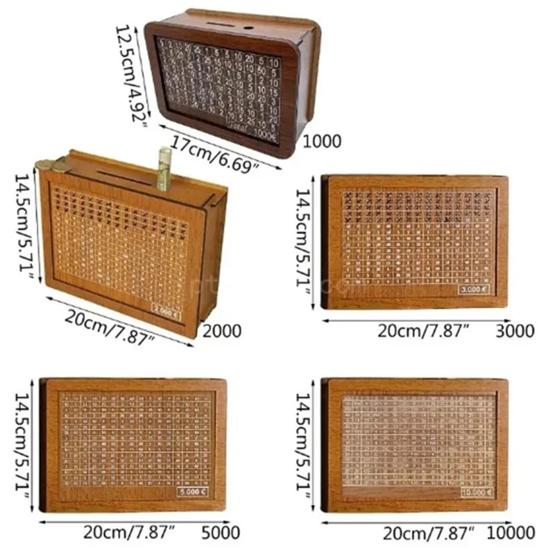 1000/2000/3000/5000/10000 Euro Money Box Piggy Bank Wood Money Bank Reusable Money Box with Saving Goal and Numbers Boxes 240118