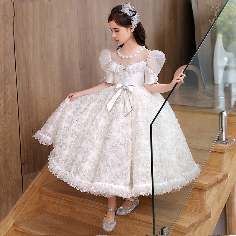 White Flowers Girls Dresses 2-14 Years Lace Tulle Flower Toddler Girl Princess For Kid Child Wedding Party Baby Bridesmaid Maxi Ball Gown Evening Birt