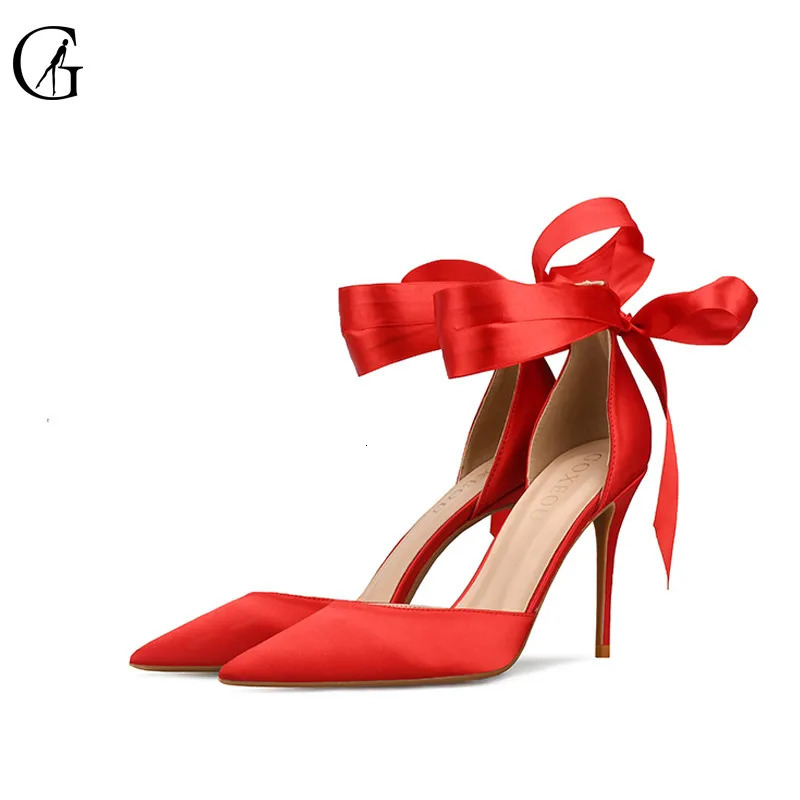 GOXEOU Womens Pumps Satin Dorsay Nude Red Black Bandage Pointed Toe High Heels Sexy Party Sweet Fashion Lady Shoes Size 3246 240119