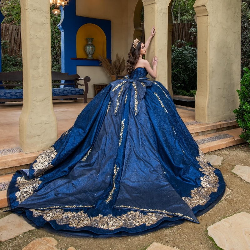 Navy Blue Quinceanera Sequined Gold Appliques Lace Lace-up Corset Prom Sweet Dresses Sweep Train Vestidos 15 De