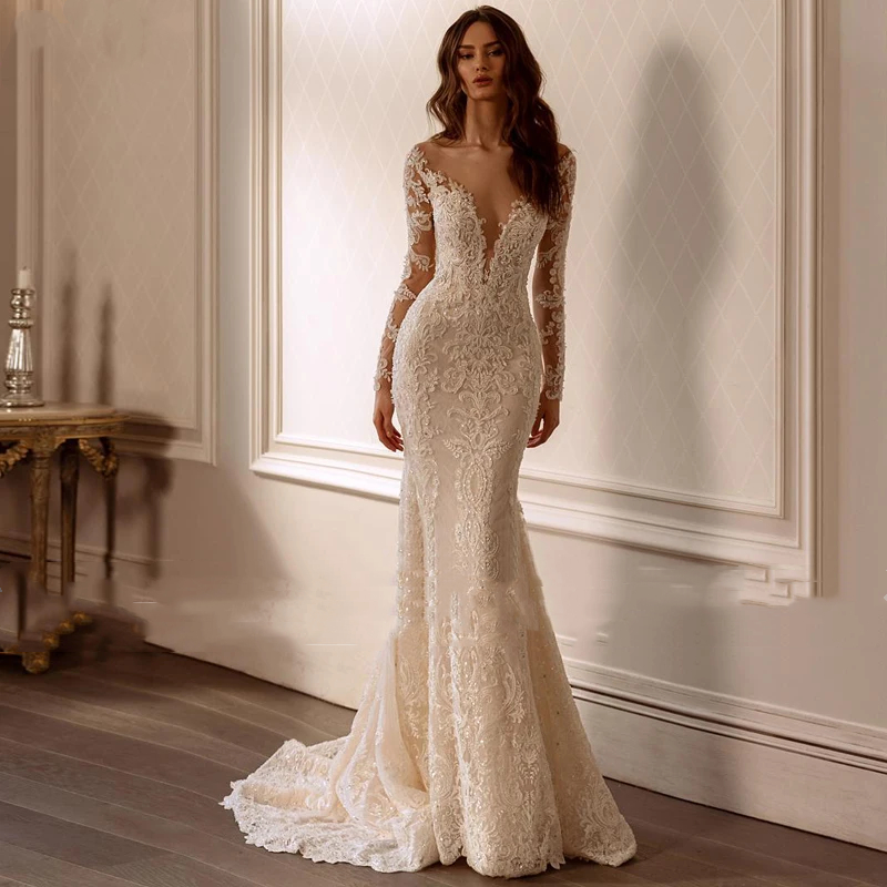 Mermaid Lace Sexy Backless Wedding Dresses with Detachable Train 2024 Romantic Scoop Neck Long Sleeves Beaded Princess Bridal Gowns