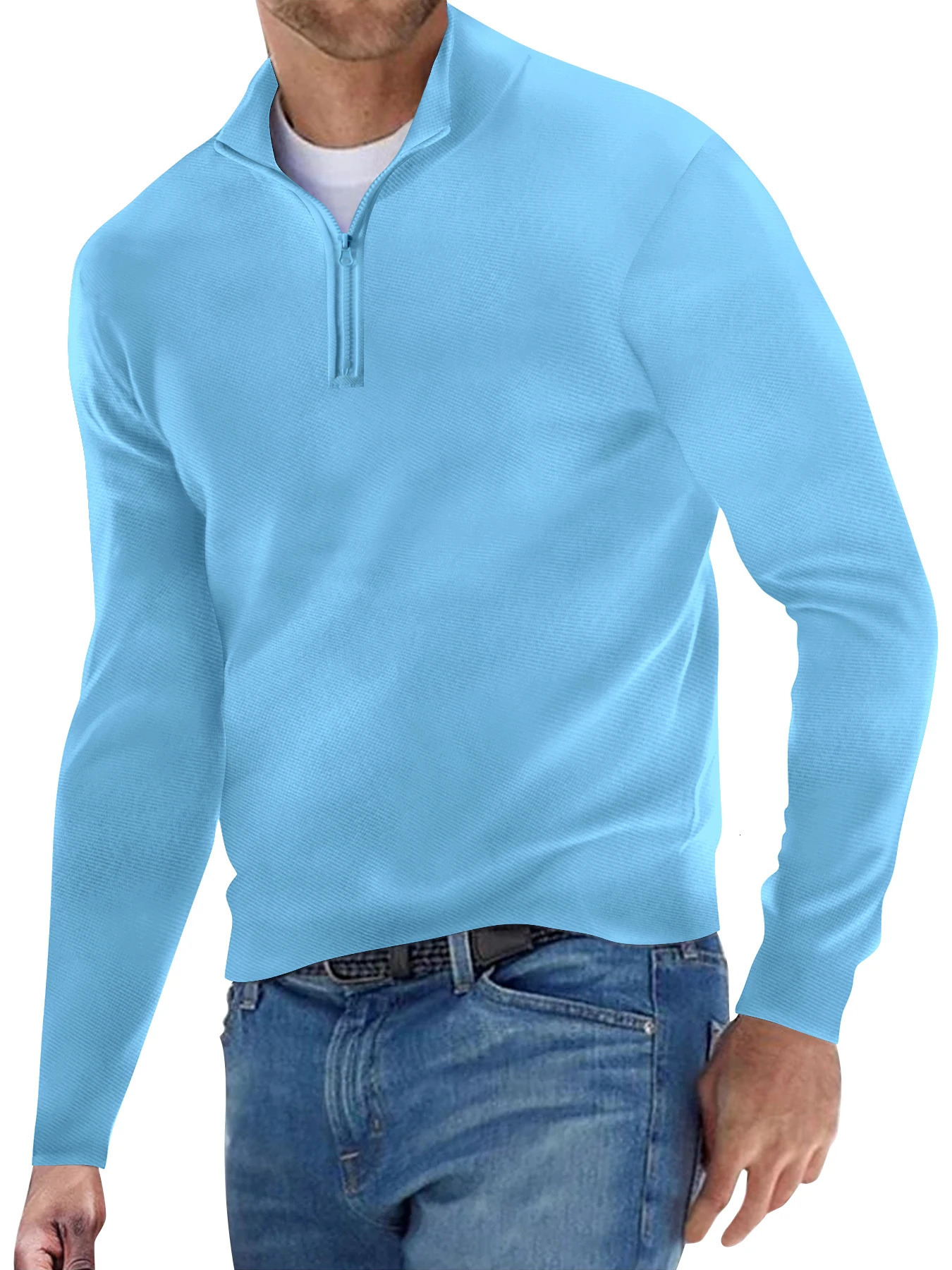 Autumn Fashion Traveling Zipper Vneck TShirt Casual LongSleeved Polo Shirt Men's Solid Color Clothes Clothin 240119