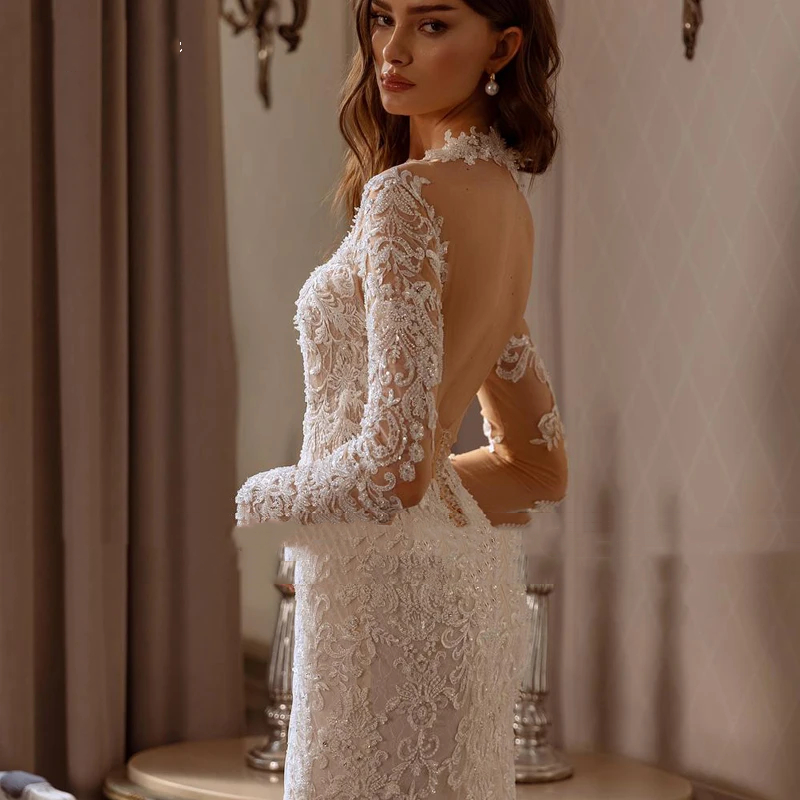 Mermaid Lace Sexy Backless Wedding Dresses with Detachable Train 2024 Romantic Scoop Neck Long Sleeves Beaded Princess Bridal Gowns