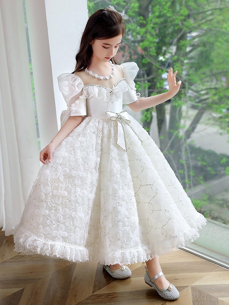 White Flowers Girls Dresses 2-14 Years Lace Tulle Flower Toddler Girl Princess For Kid Child Wedding Party Baby Bridesmaid Maxi Ball Gown Evening Birt