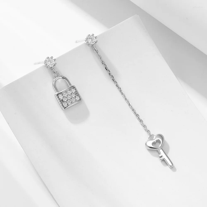 Stud Earrings Mismatched Lock And Key 925 Sterling Silver Chain Cubic Zirconia Mini CZ Pave Asymmetrical Jewelry For Women