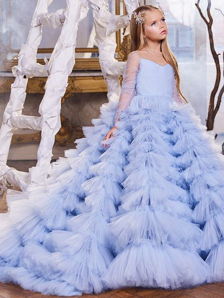 Dresses Wer Girl Ball Gown Backless Lilttle Kids Birthday Weddding Toddler Pageant Gowns Tulle Sweep Train First Holy Communion Dress 403 0219
