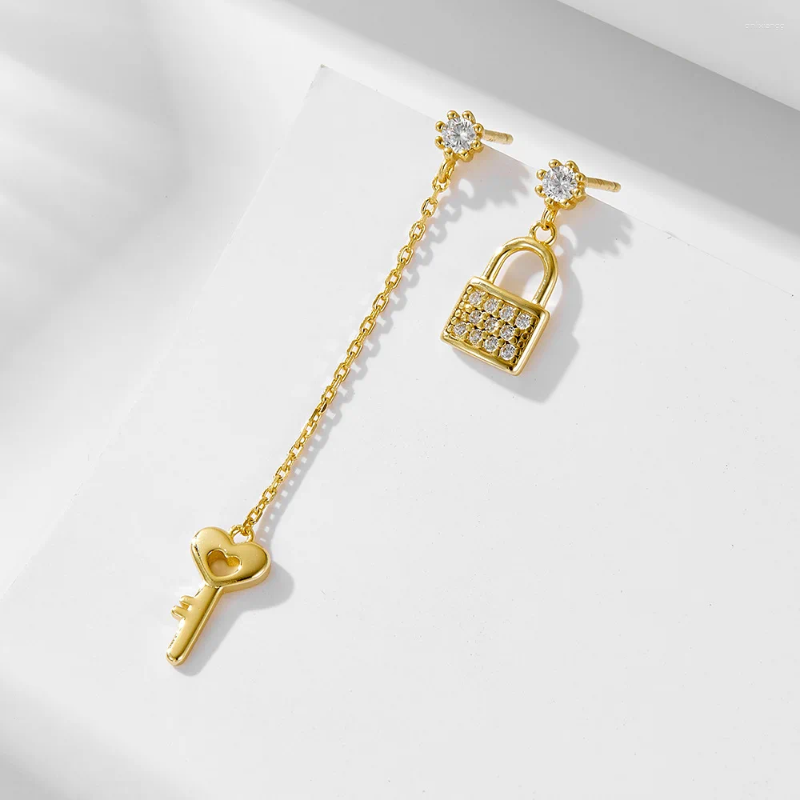 Stud Earrings Mismatched Lock And Key 925 Sterling Silver Chain Cubic Zirconia Mini CZ Pave Asymmetrical Jewelry For Women
