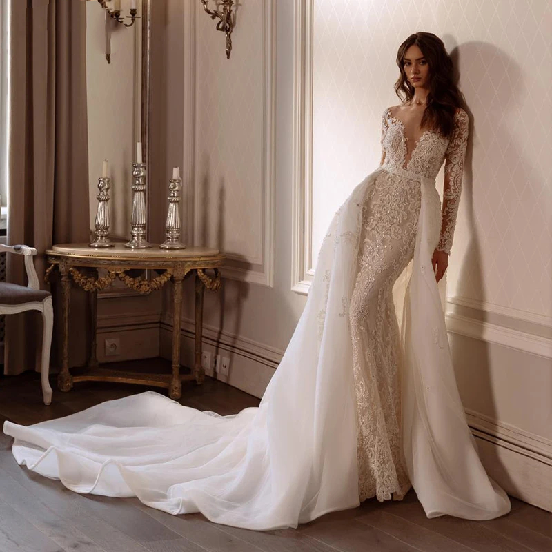 Mermaid Lace Sexy Backless Wedding Dresses with Detachable Train 2024 Romantic Scoop Neck Long Sleeves Beaded Princess Bridal Gowns