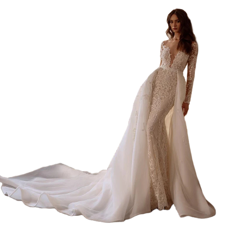 Mermaid Lace Sexy Backless Wedding Dresses with Detachable Train 2024 Romantic Scoop Neck Long Sleeves Beaded Princess Bridal Gowns