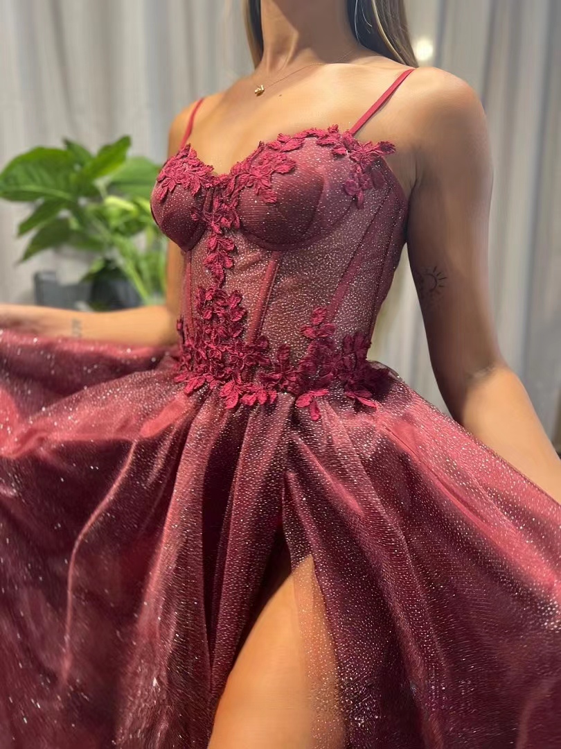 Sexy Bury Prom Dress Illusion Bone Bodice High Split Evening Elegant Appliques Glitter A Line Party Dresses For Special Ocns 0515