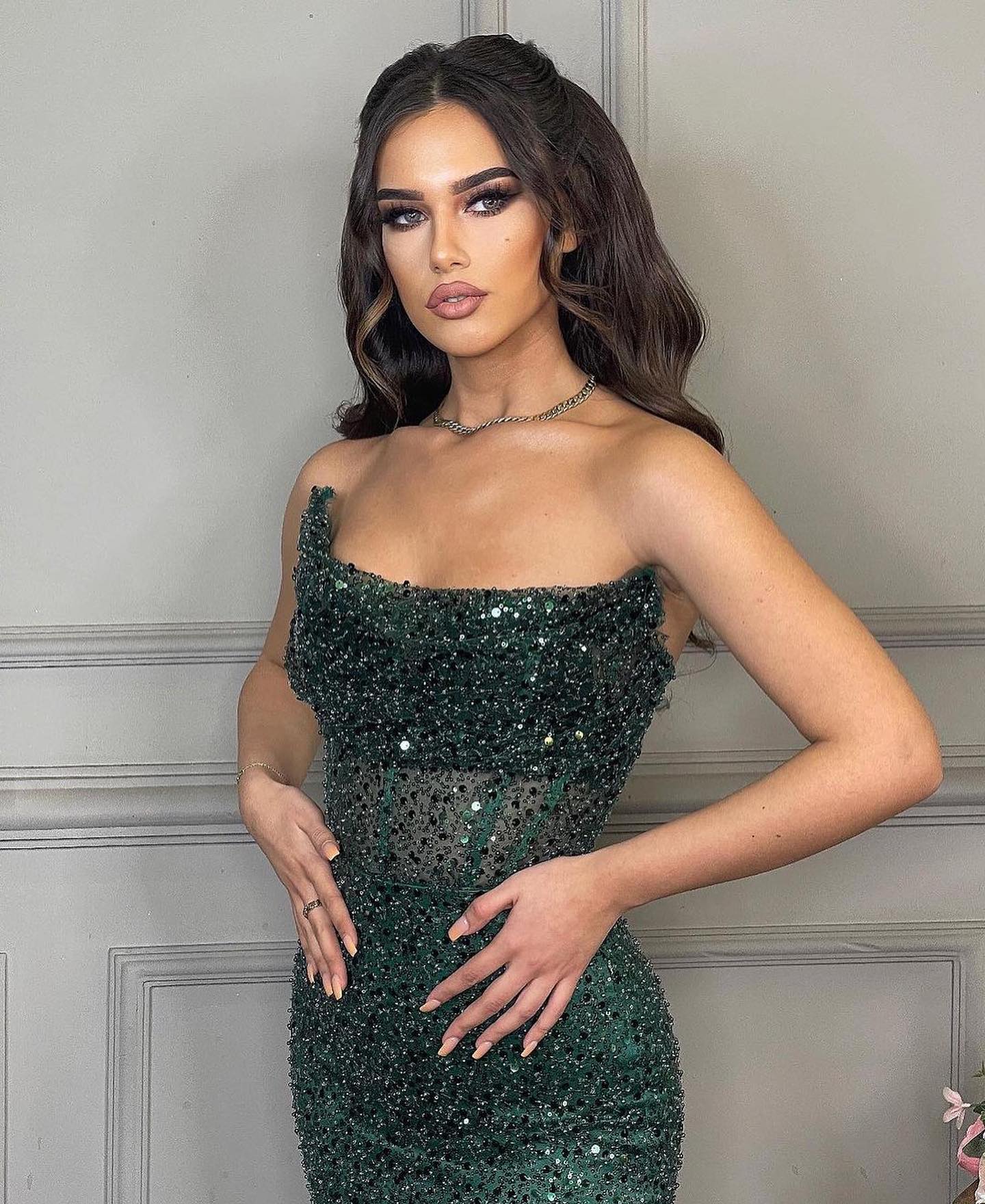 Dark Green Mermaid Evening Elegant Black Girl Illusion Strapless Pearls Sequins Glitter Prom Dress Long Dresses For Special Ocns Lz0304