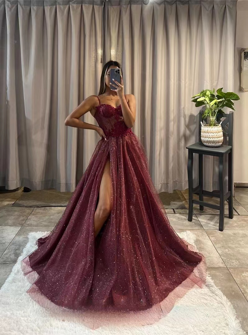 Sexy Bury Prom Dress Illusion Bone Bodice High Split Evening Elegant Appliques Glitter A Line Party Dresses For Special Ocns 0515