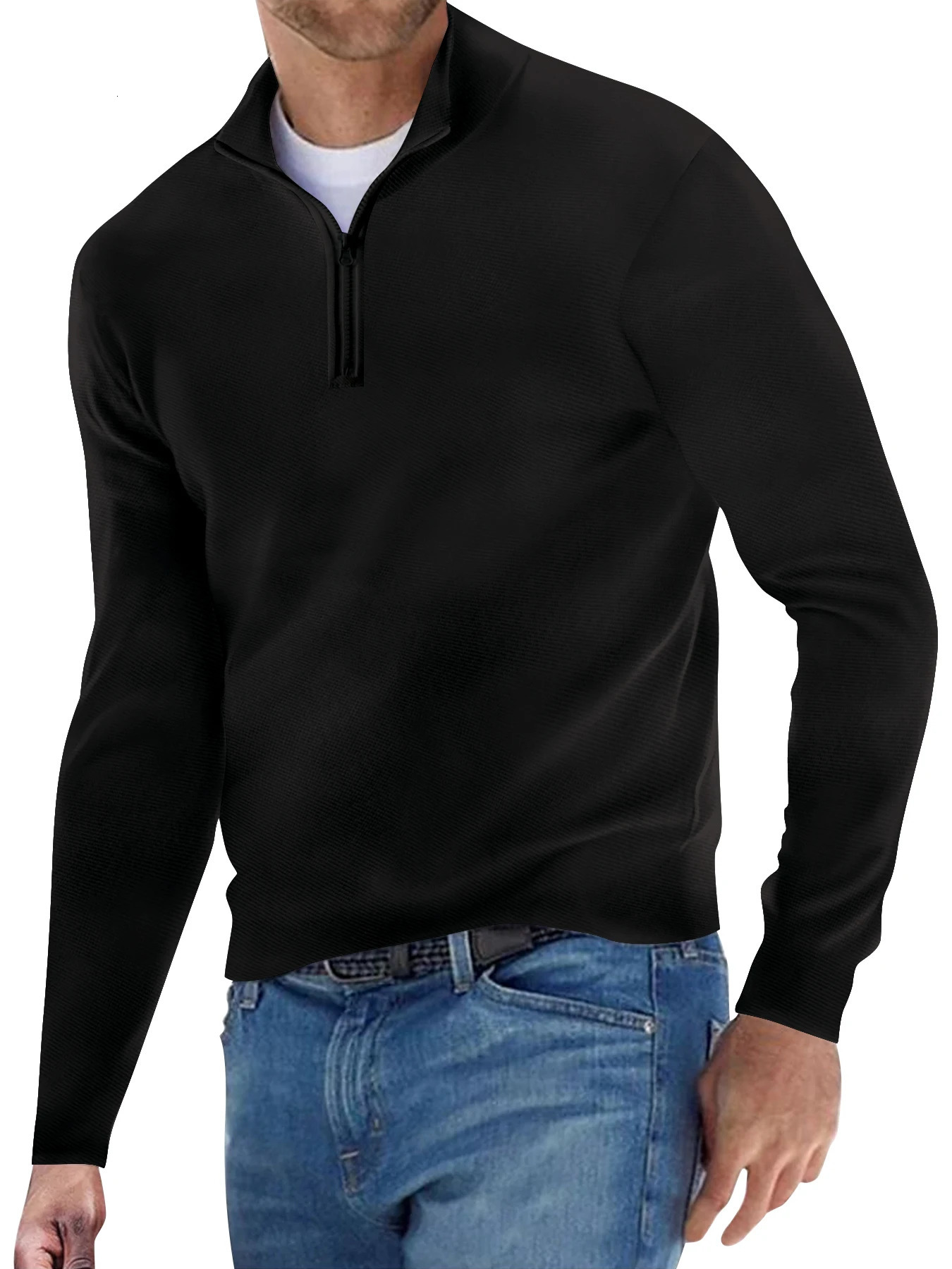 Autumn Fashion Traveling Zipper Vneck TShirt Casual LongSleeved Polo Shirt Men's Solid Color Clothes Clothin 240119