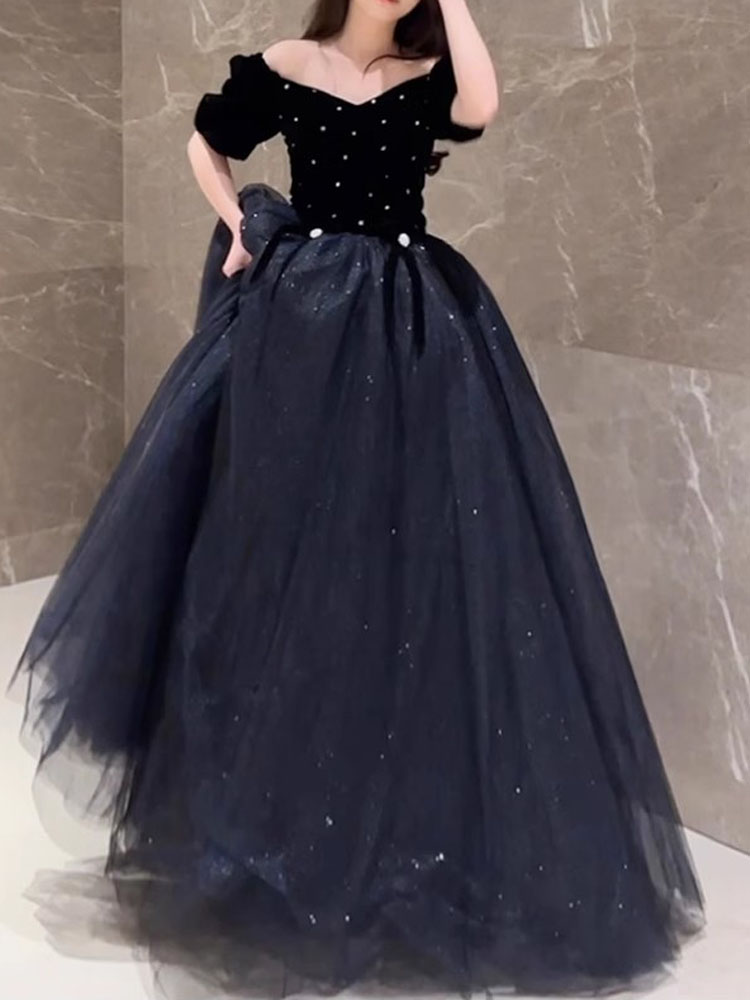 Black Prom Dress Elegant Evening Dresses Off the Shoulder Lace-up Back Tulle with Velvet Organza Party Gowns