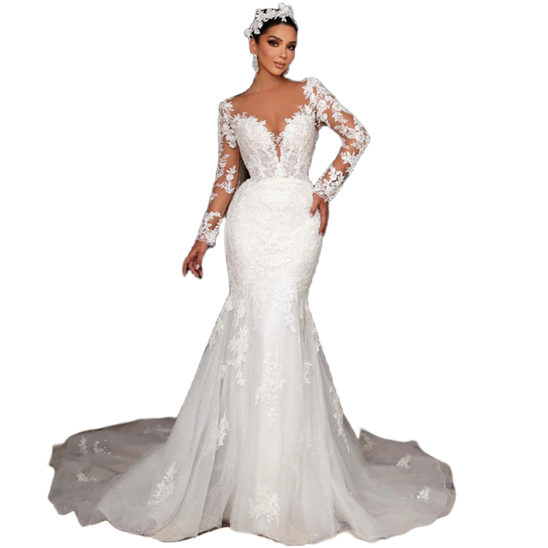 Romantic Long Sleeves Mermaid Wedding Dresses With Detachable Train Lace Appliques Sheer Scoop Neck Ivory Sexy Gorgeous Bridal Gowns Covered Buttons B