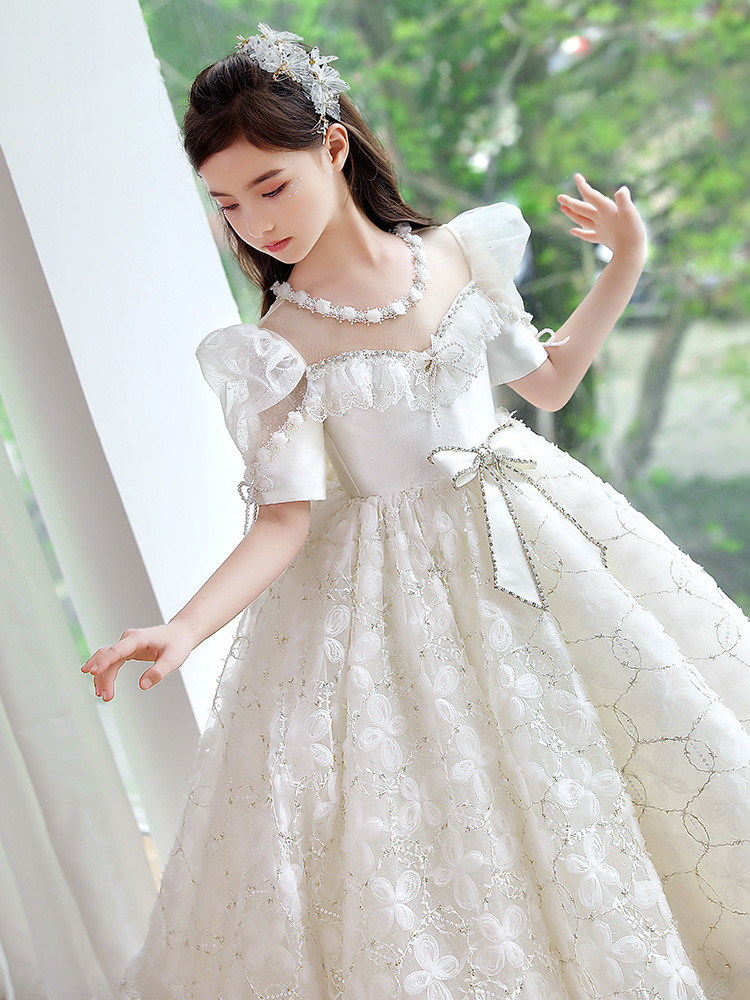 White Flowers Girls Dresses 2-14 Years Lace Tulle Flower Toddler Girl Princess For Kid Child Wedding Party Baby Bridesmaid Maxi Ball Gown Evening Birt