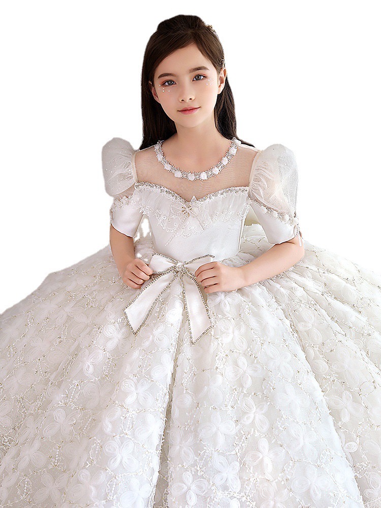 White Flowers Girls Dresses 2-14 Years Lace Tulle Flower Toddler Girl Princess For Kid Child Wedding Party Baby Bridesmaid Maxi Ball Gown Evening Birt