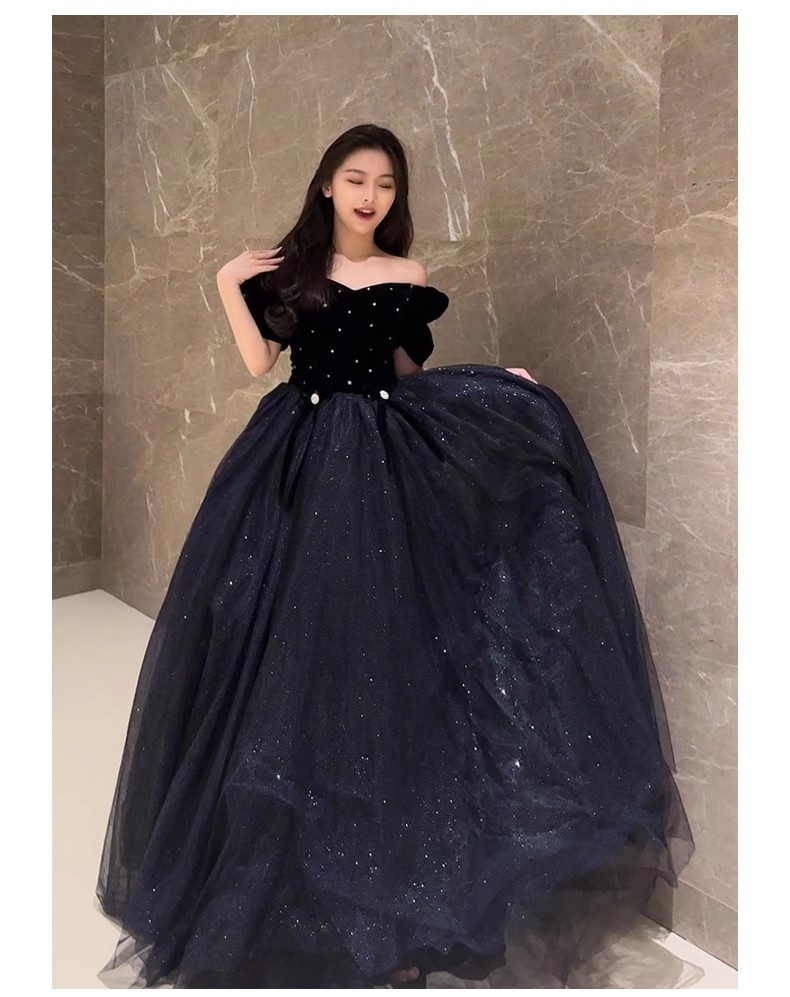 Black Prom Dress Elegant Evening Dresses Off the Shoulder Lace-up Back Tulle with Velvet Organza Party Gowns