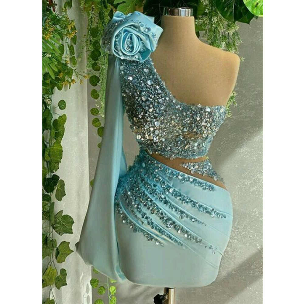 Sexy Deep One Shoulder Sequins Tail Party Gown Sparkly Above Knee Homecoming Dress Modern Vestidos De Novia YD 328 328