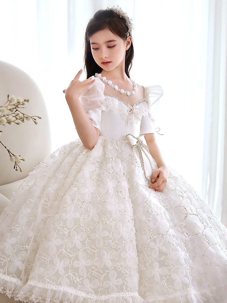 White Flowers Girls Dresses 2-14 Years Lace Tulle Flower Toddler Girl Princess For Kid Child Wedding Party Baby Bridesmaid Maxi Ball Gown Evening Birt