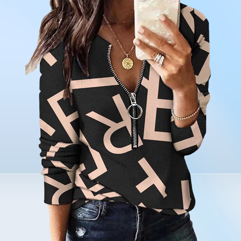 Womens Designer Clothing Fashionable T Shirts For Woman Tshirts Blouse Printing Zipper Long Sleeve New Casual Ladies Top Swe3678415