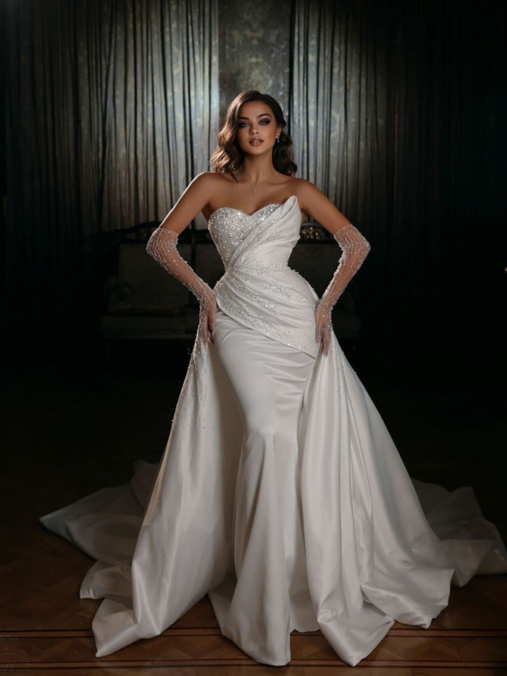 Alonlivn Luxury Satin Mermaid Wedding Dress With Detachable Train